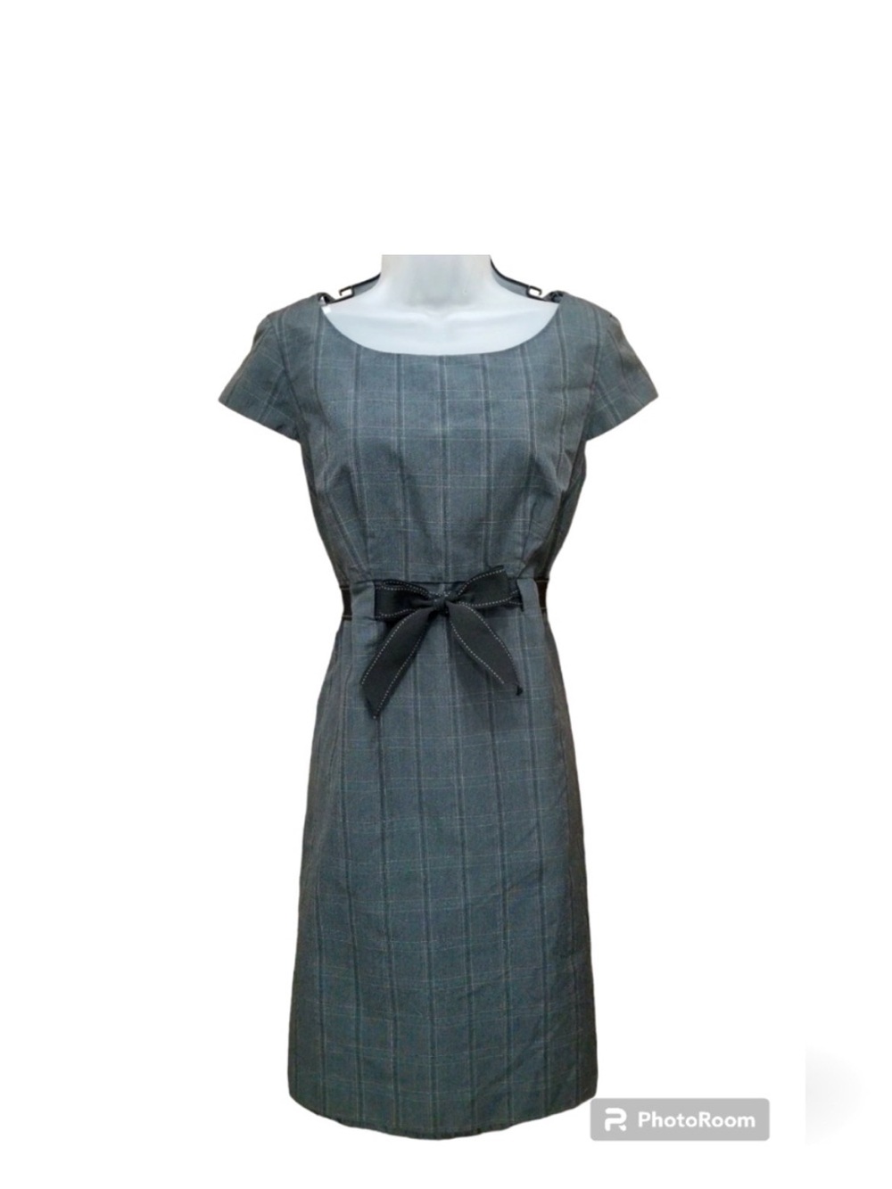 Studio One Preppy Gray Plaid Dress with Black Ribbon Belt, Size 8